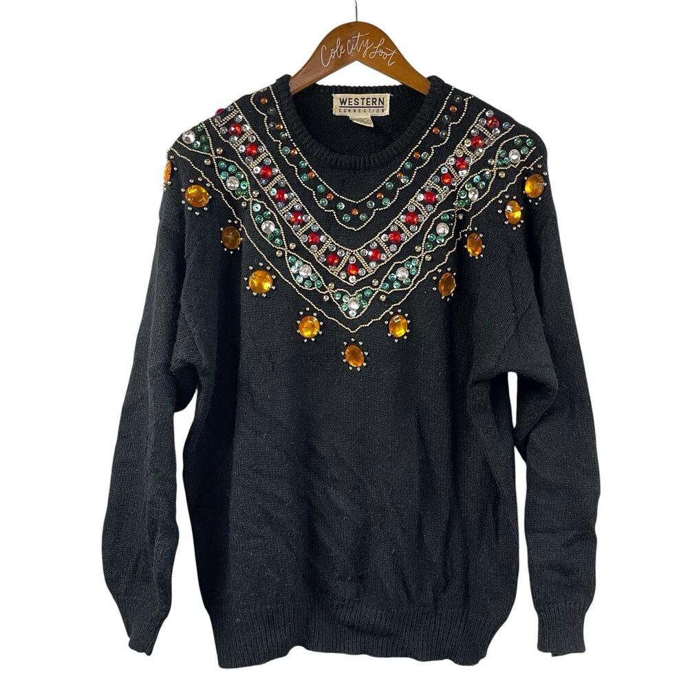 Not So Ugly Christmas Sweater V Neck Gems Beaded Embellished Party Black Knit
